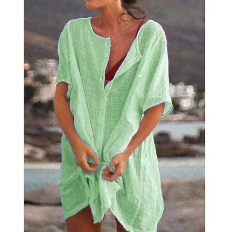 Women's Long Short-sleeved Shirt Solid Color Summer Seaside Holiday Beach