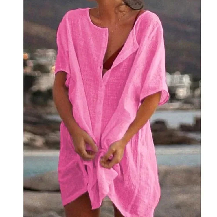 Women's Long Short-sleeved Shirt Solid Color Summer Seaside Holiday Beach