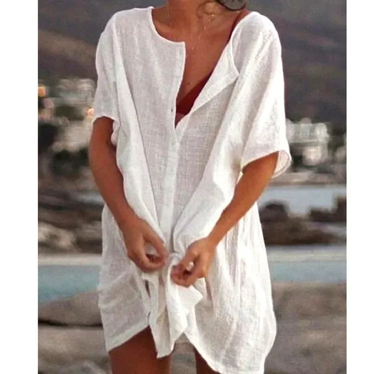 Women's Long Short-sleeved Shirt Solid Color Summer Seaside Holiday Beach