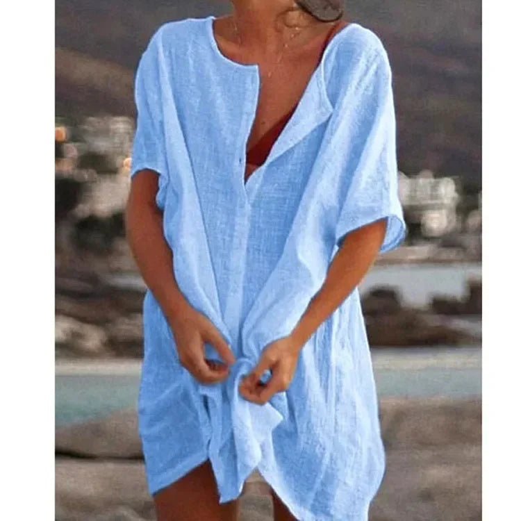 Women's Long Short-sleeved Shirt Solid Color Summer Seaside Holiday Beach