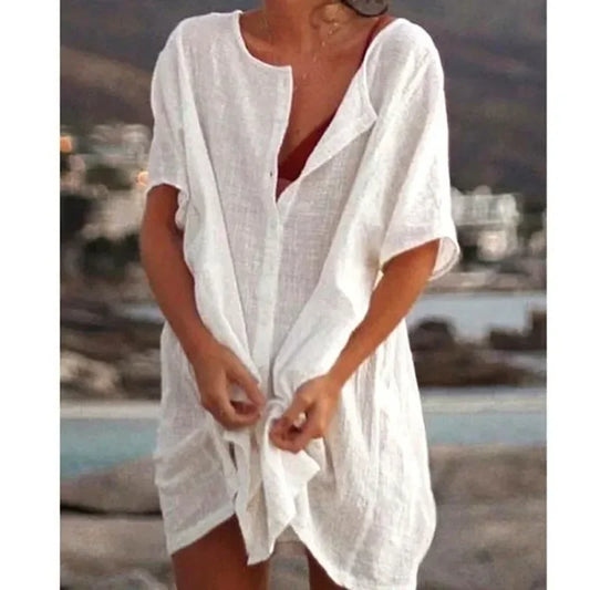 Women's Long Short-sleeved Shirt Solid Color Summer Seaside Holiday Beach